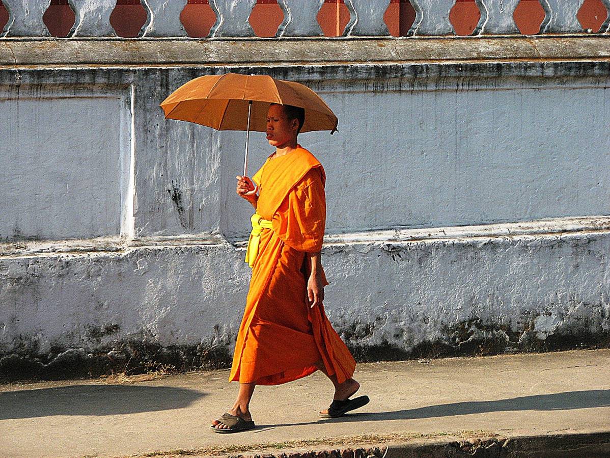 A monk walking with an umbrella

Description automatically generated