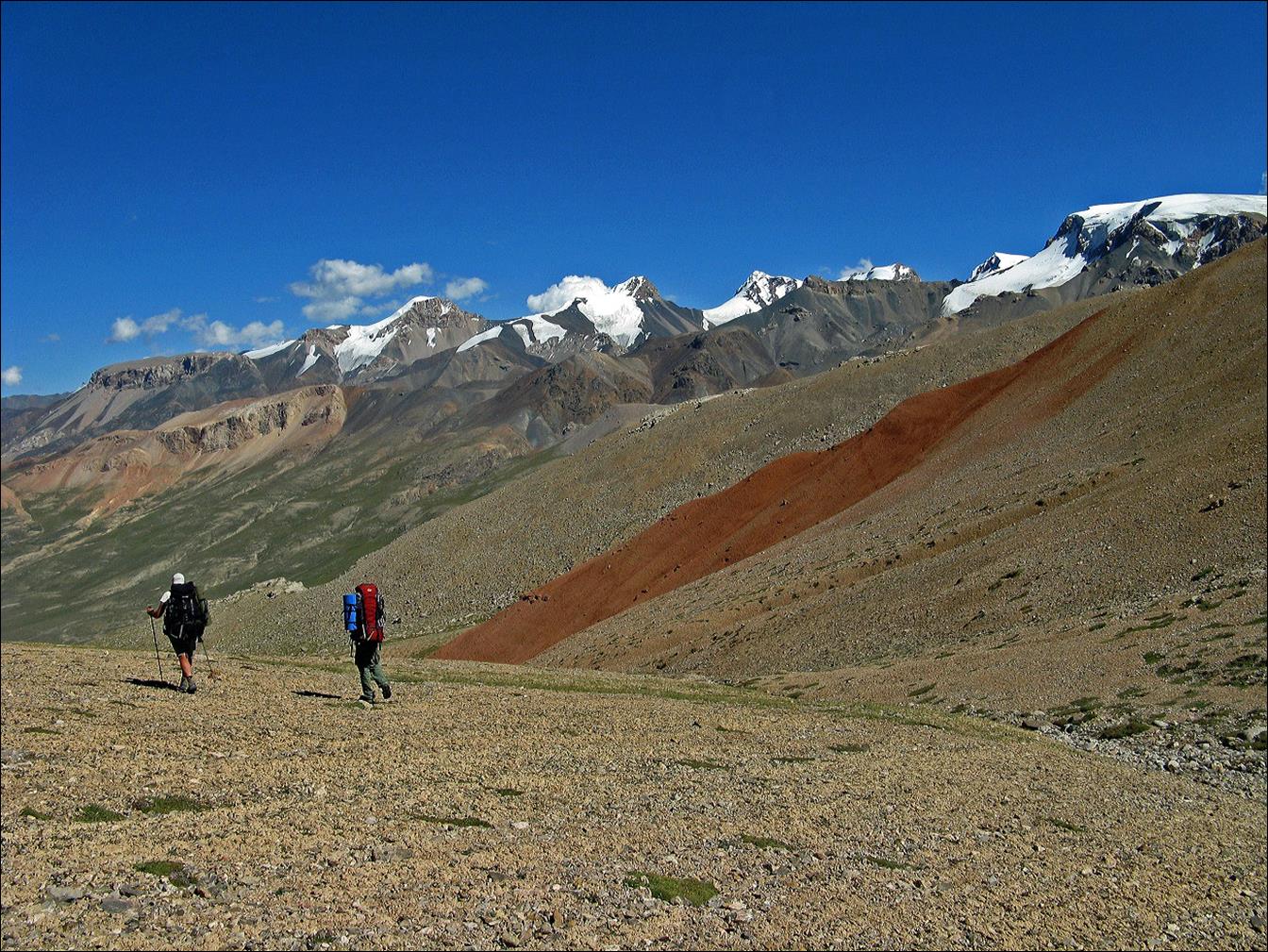 A group of people hiking in the mountains with Aconcagua in the background

Description automatically generated