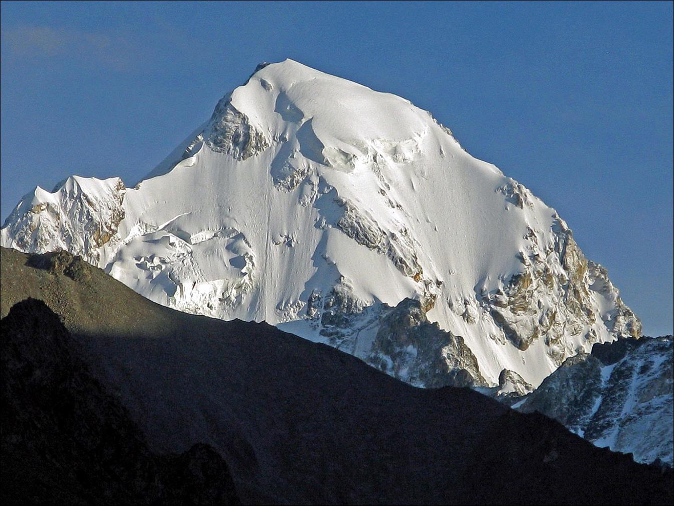 A snowy mountain peak with blue sky

Description automatically generated