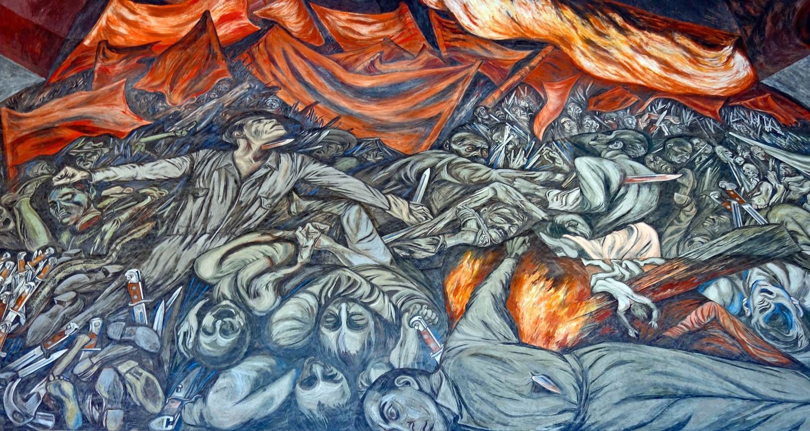 A mural of people fighting with fire

Description automatically generated with medium confidence