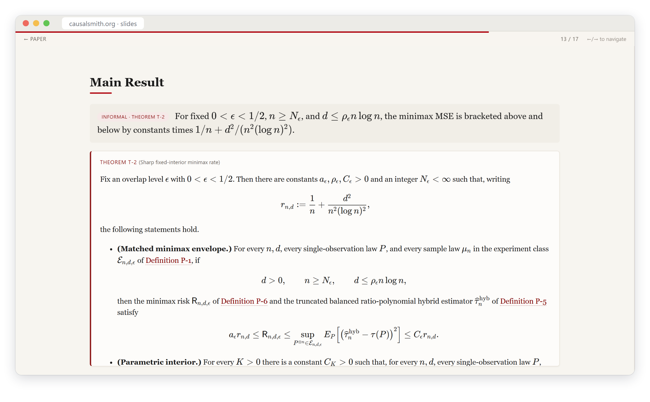 A slide from the featured paper's deck stating its main result.