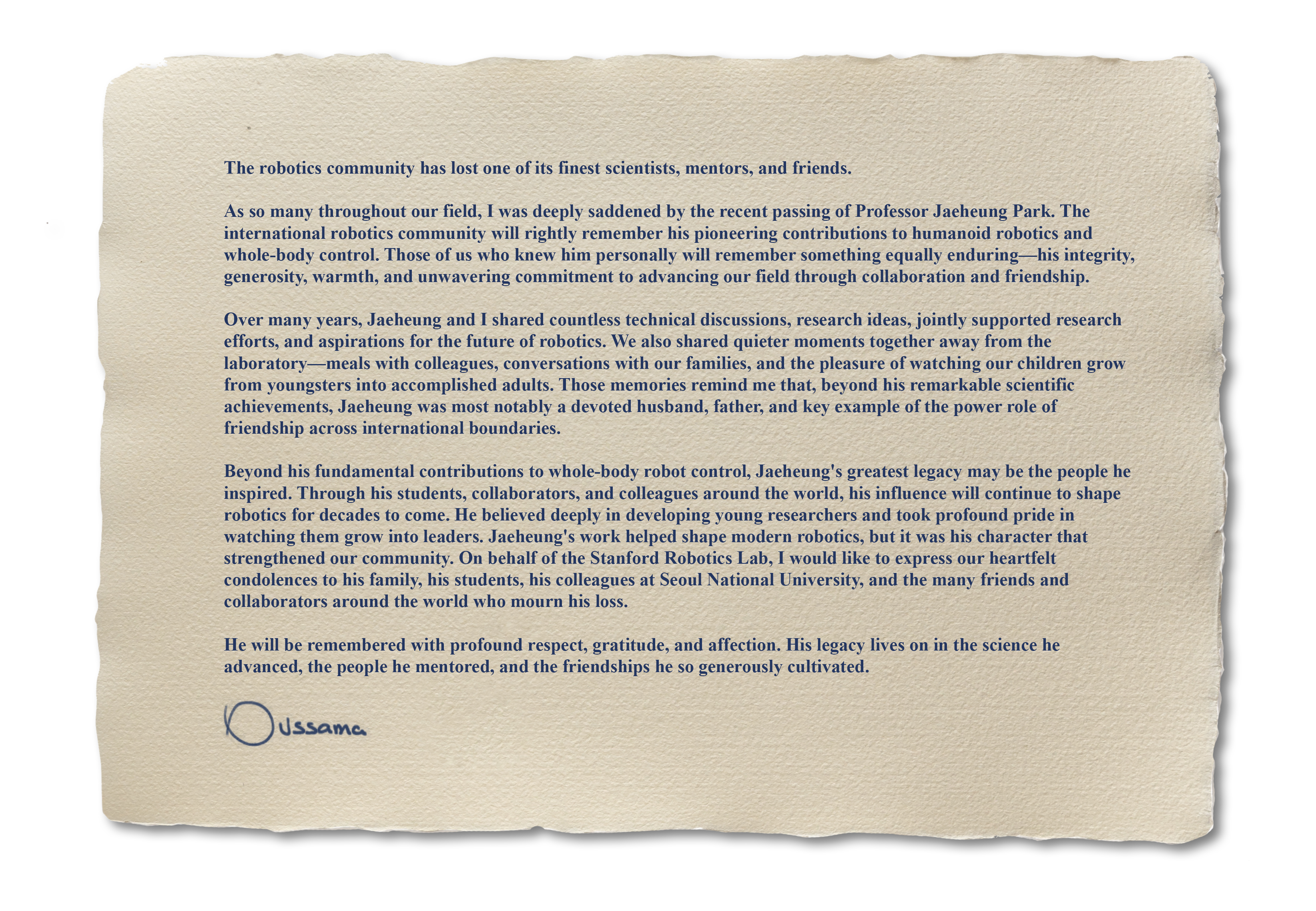 Letter in memory of Jaeheung Park, signed Oussama