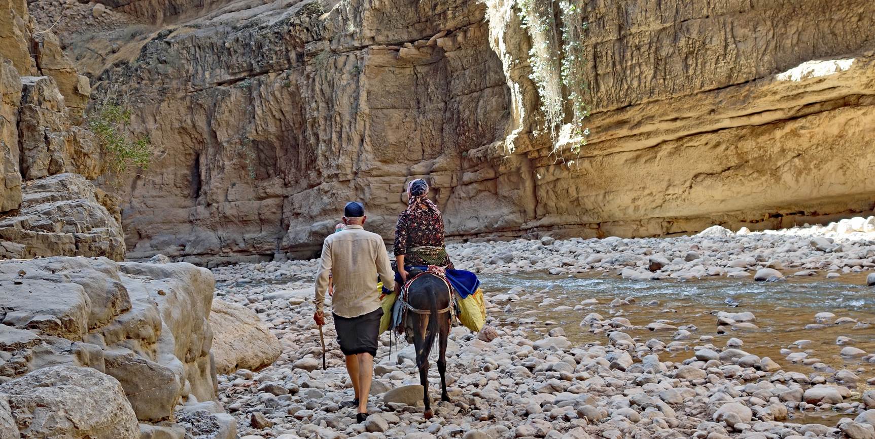 A person and person on a donkey walking through a rocky canyon

Description automatically generated