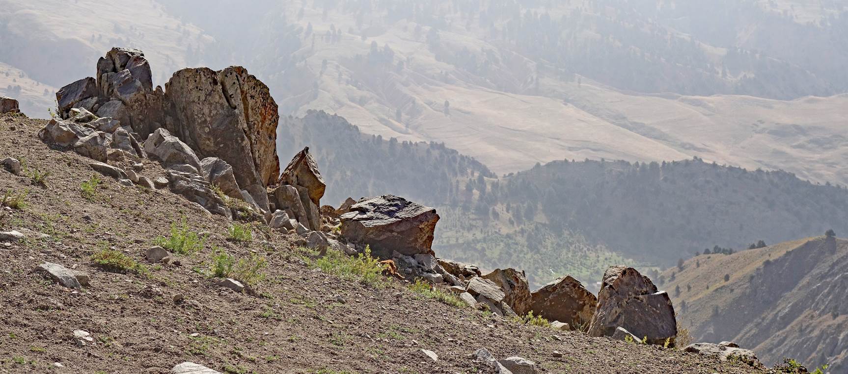 A rocky hillside with a mountain in the background

Description automatically generated